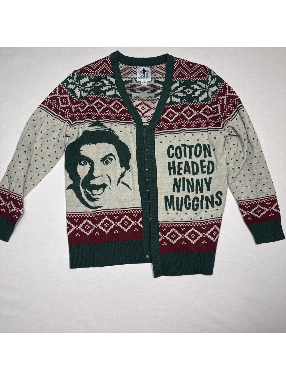 Buddy The Elf “Cotton-Headed Ninny Muggins” Christmas Cardigan Sweater Large